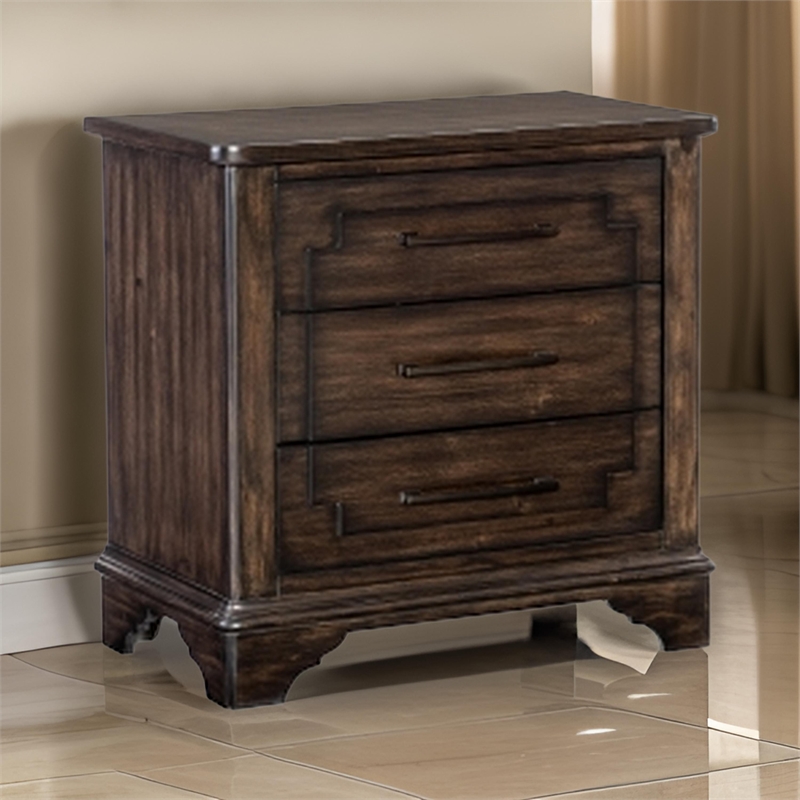 Amey 30 Inch Nightstand- 3 Drawers with Bar Handles- Rustic Brown Wood
