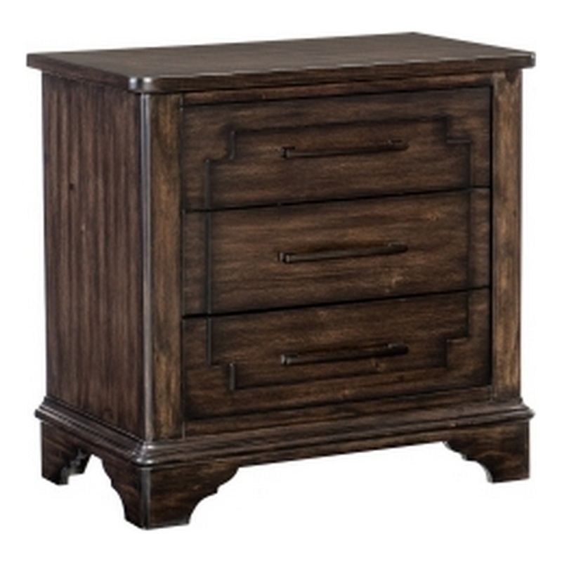Amey 30 Inch Nightstand- 3 Drawers with Bar Handles- Rustic Brown Wood