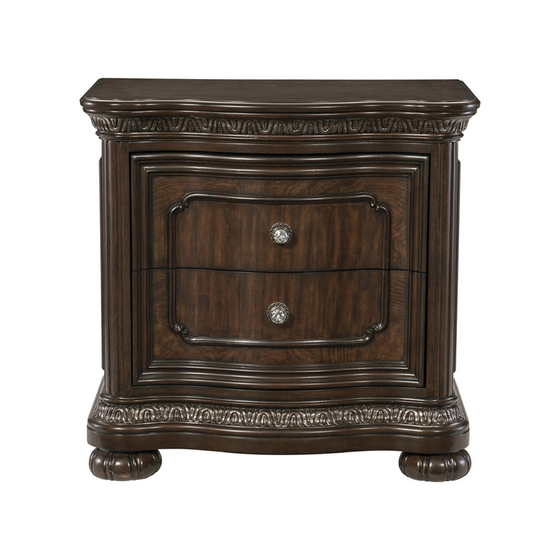 Joni 31 Inch Nightstand- Bow Front 2 Drawers- USB Port- Dark Cherry Brown