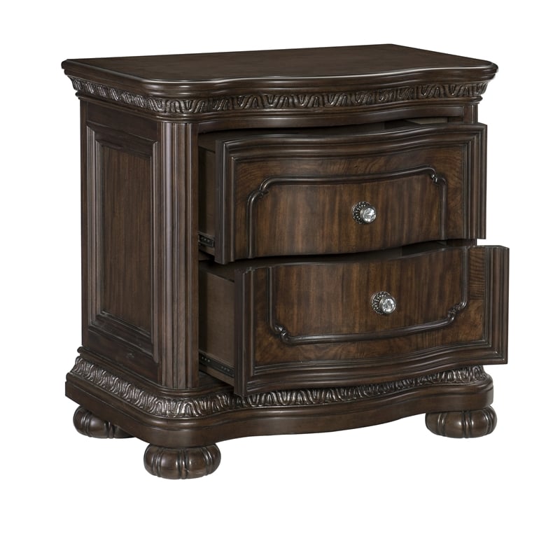 Joni 31 Inch Nightstand- Bow Front 2 Drawers- USB Port- Dark Cherry Brown