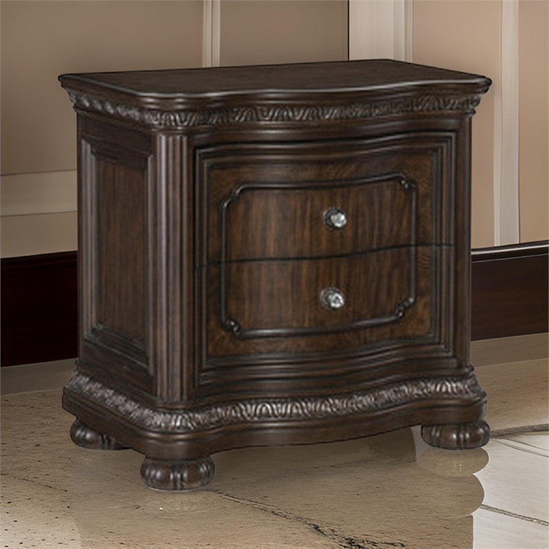 Joni 31 Inch Nightstand- Bow Front 2 Drawers- USB Port- Dark Cherry Brown