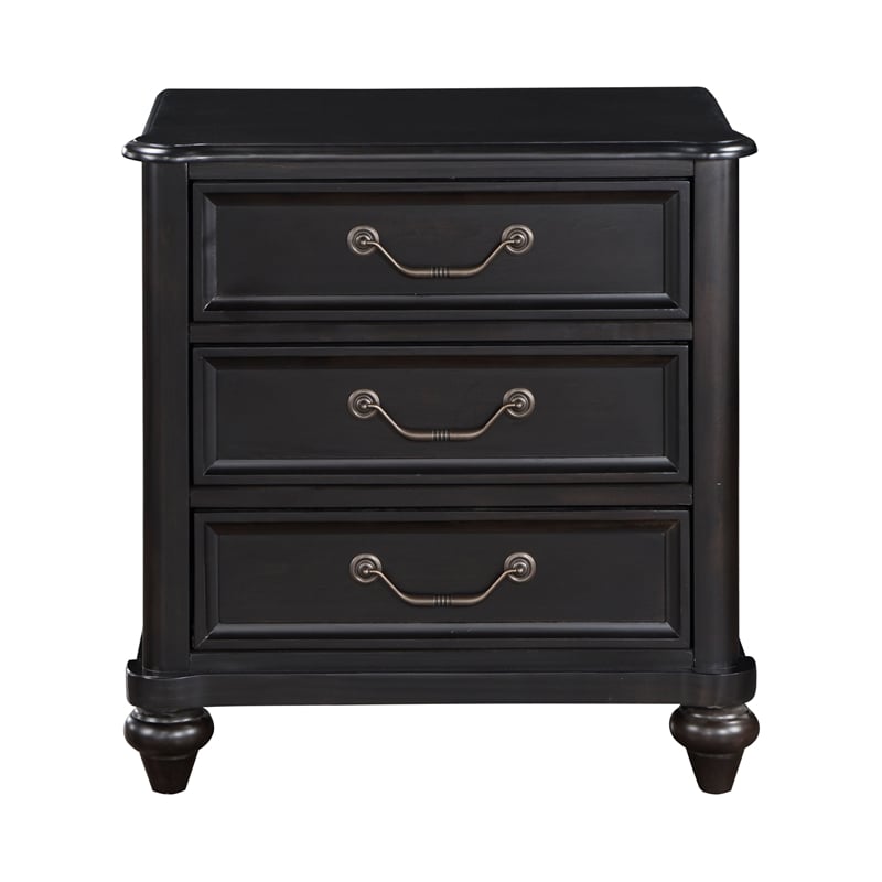 Vix 27 Inch Nightstand- 3 Drawers- Molded Design Pewter Drop Handles- Black