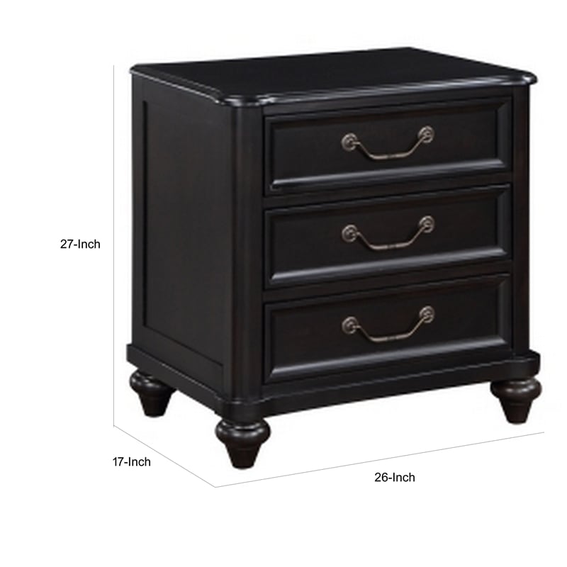 Vix 27 Inch Nightstand- 3 Drawers- Molded Design Pewter Drop Handles- Black