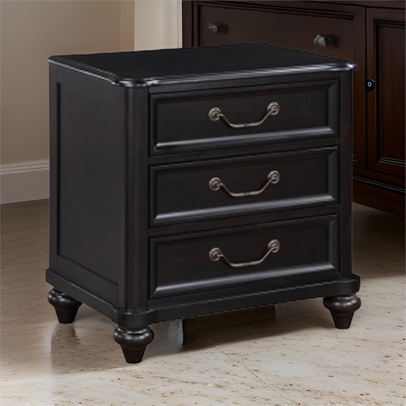 Vix 27 Inch Nightstand- 3 Drawers- Molded Design Pewter Drop Handles- Black