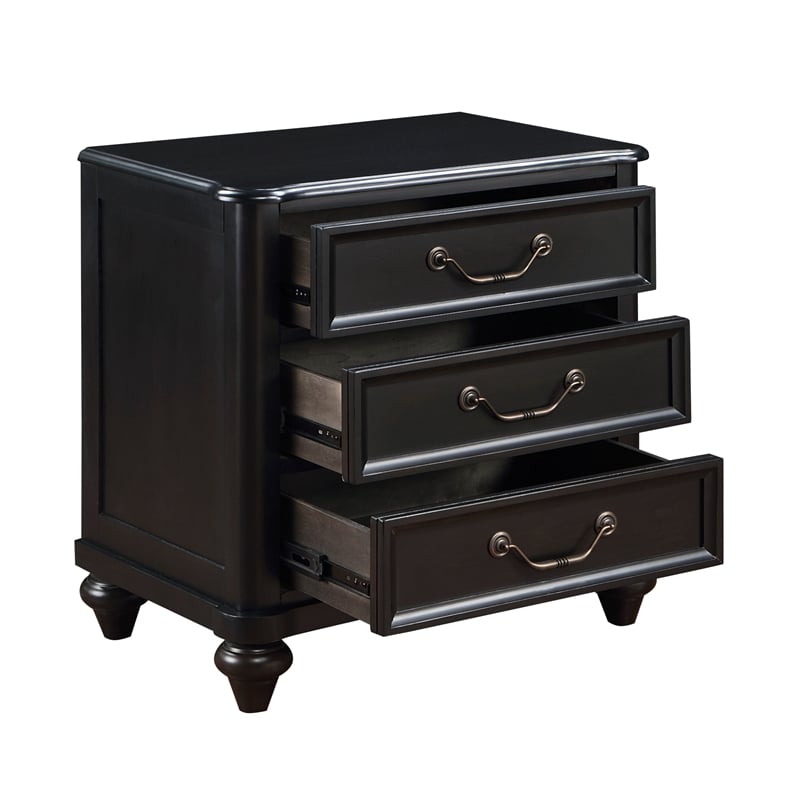 Vix 27 Inch Nightstand- 3 Drawers- Molded Design Pewter Drop Handles- Black