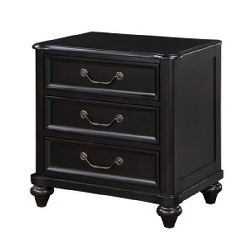 Vix 27 Inch Nightstand- 3 Drawers- Molded Design Pewter Drop Handles- Black