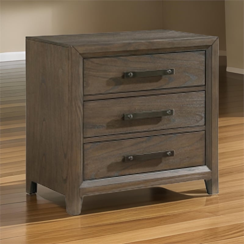 Wyn 27 Inch Nightstand- 3 Drawers- Nickel Handles- Brushed Walnut Brown