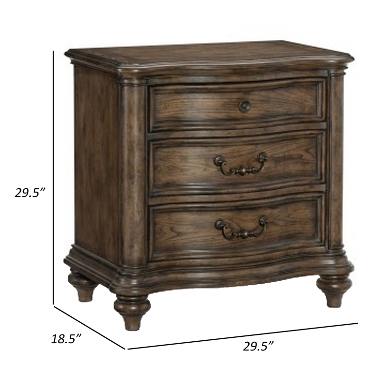 Deborah 30 Inch Nightstand- 3 Drawers- Bronze Drop Handles- Brown Wood