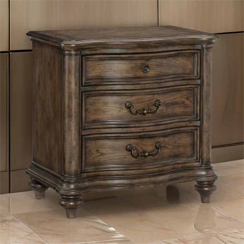 Deborah 30 Inch Nightstand- 3 Drawers- Bronze Drop Handles- Brown Wood