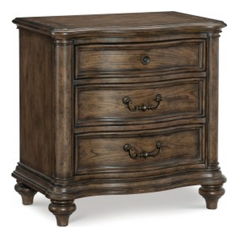 Deborah 30 Inch Nightstand- 3 Drawers- Bronze Drop Handles- Brown Wood