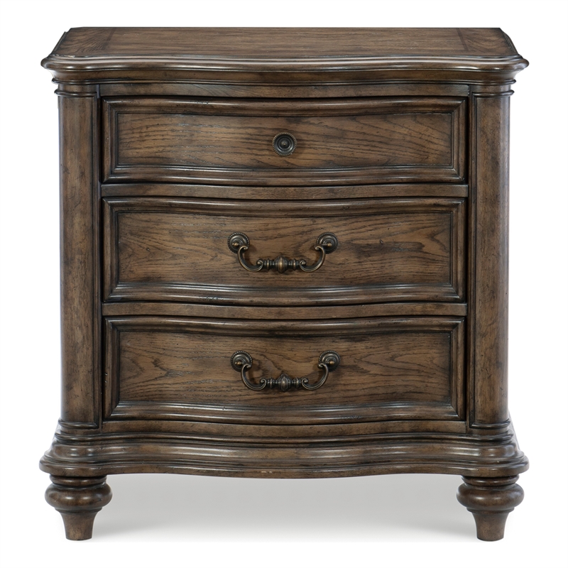 Deborah 30 Inch Nightstand- 3 Drawers- Bronze Drop Handles- Brown Wood