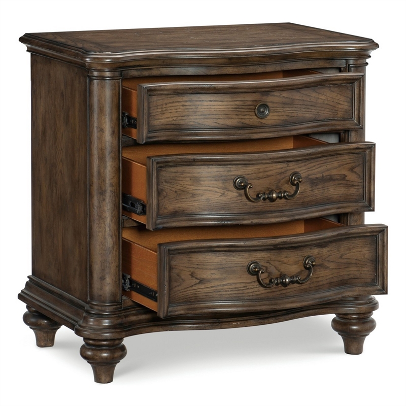 Deborah 30 Inch Nightstand- 3 Drawers- Bronze Drop Handles- Brown Wood
