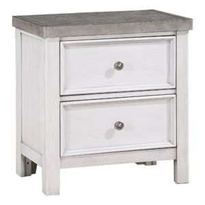 Amby Nightstand- 2 Drawers- Farmhouse Antique White- Gray Acacia Wood