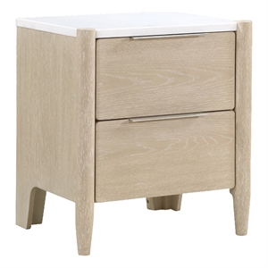 Maty Nightstand- 2 Drawers- White Marble Top- Light Oak Brown Ceruse