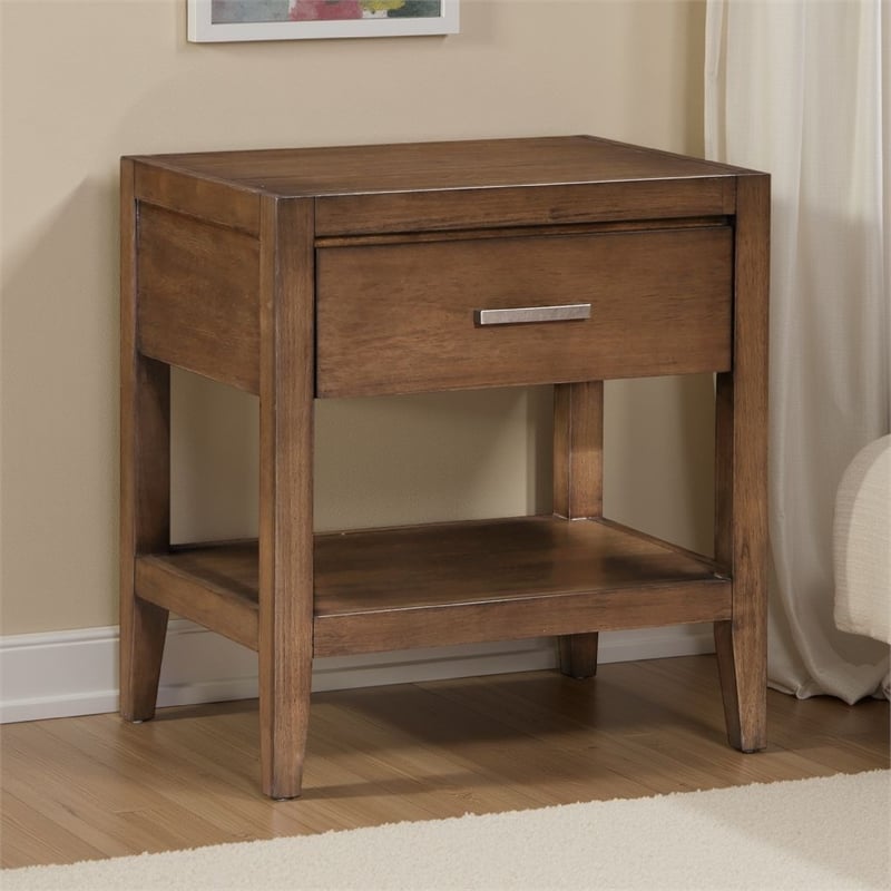 Evi Nightstand- 1 Drawer w Lower Open Shelf- Brushed Rich Brown Wood
