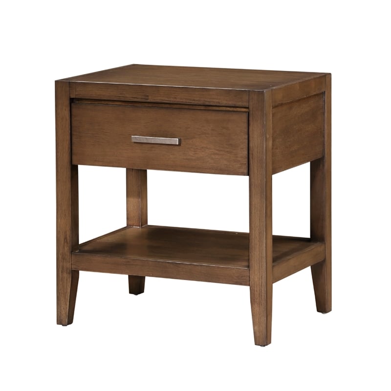 Evi Nightstand- 1 Drawer w Lower Open Shelf- Brushed Rich Brown Wood