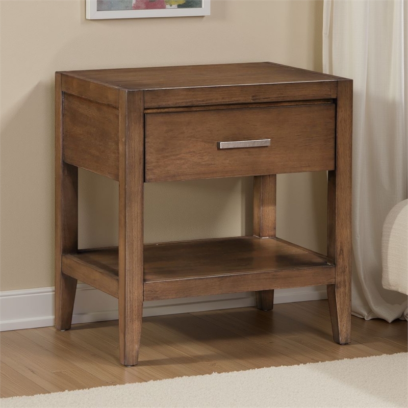 Evi Nightstand- 1 Drawer w Lower Open Shelf- Brushed Rich Brown Wood