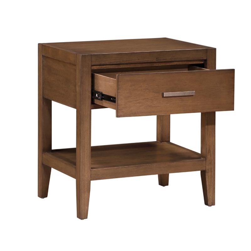 Evi Nightstand- 1 Drawer w Lower Open Shelf- Brushed Rich Brown Wood