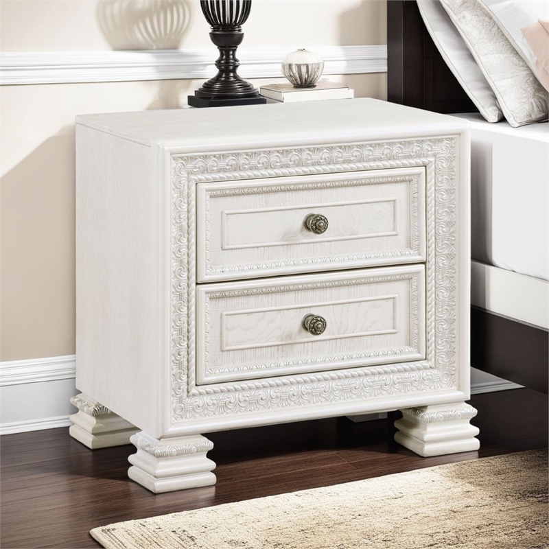 Rotu Nightstand- 2 Drawers Rope Molding- White Ash Veneer- 28 Inch