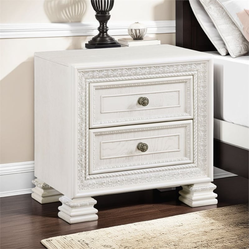 Rotu Nightstand- 2 Drawers Rope Molding- White Ash Veneer- 28 Inch