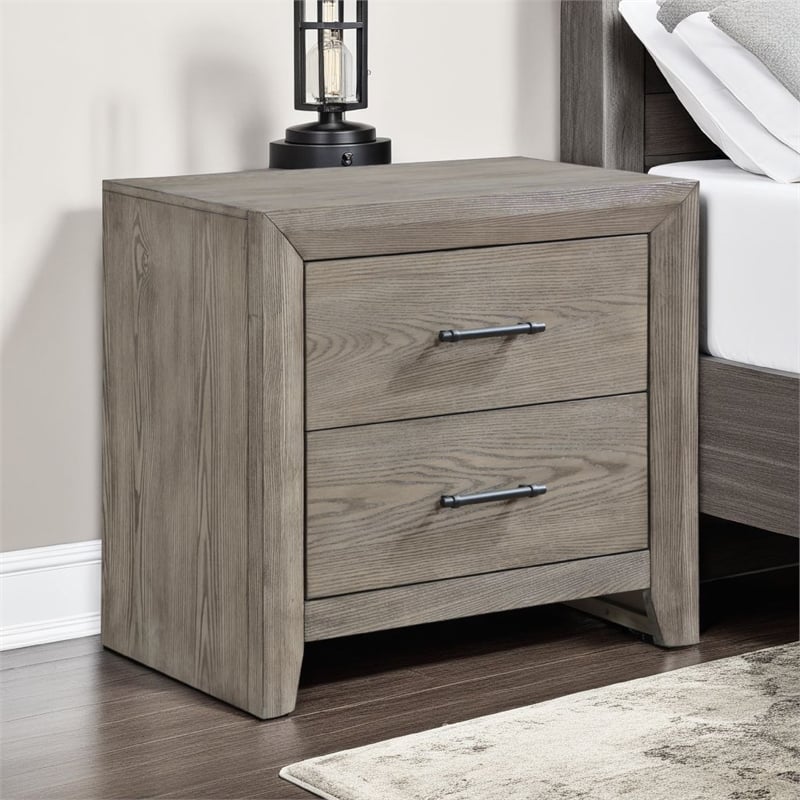 Laso Nightstand- 2 Drawers w Metal Handles- 28 Inch- Gray Acacia Wood
