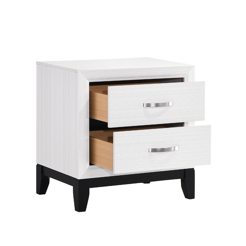Ameya Nightstand- 2 Drawers w Chrome Handles- White and Black- 25 Inch