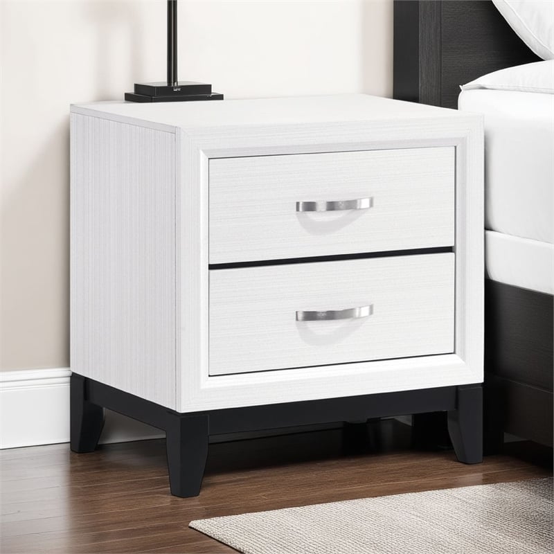Ameya Nightstand- 2 Drawers w Chrome Handles- White and Black- 25 Inch
