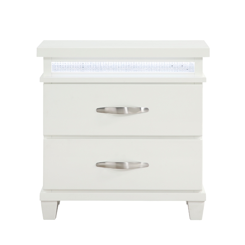 Jisy Nightstand- 2 Drawers- LED Lights- White Wood- Chrome Handles
