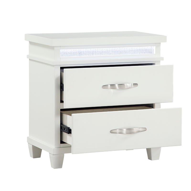 Jisy Nightstand- 2 Drawers- LED Lights- White Wood- Chrome Handles