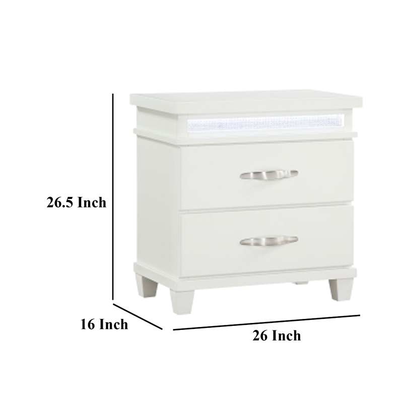 Jisy Nightstand- 2 Drawers- LED Lights- White Wood- Chrome Handles