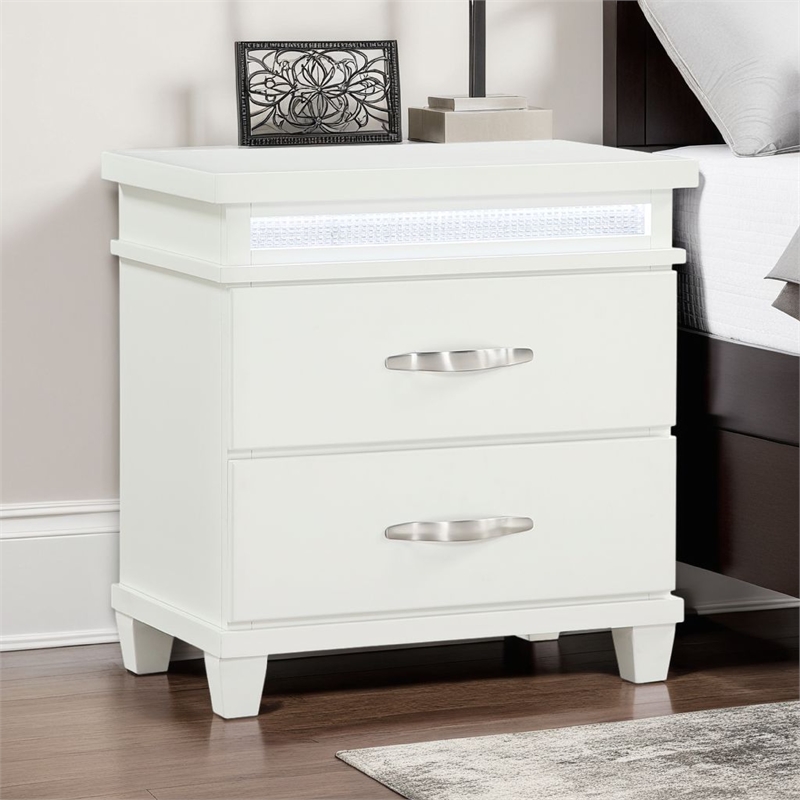 Jisy Nightstand- 2 Drawers- LED Lights- White Wood- Chrome Handles