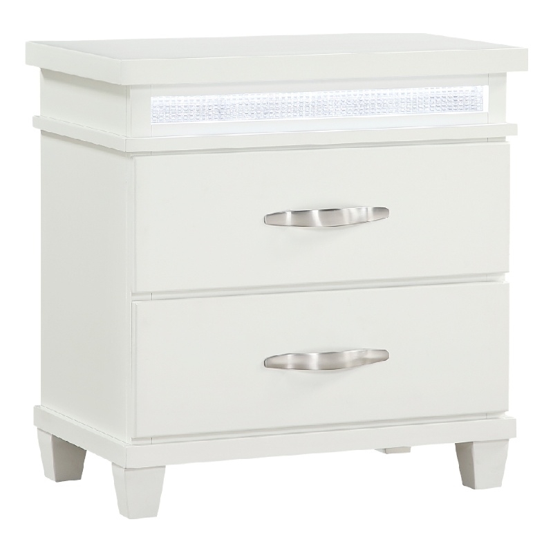 Jisy Nightstand- 2 Drawers- LED Lights- White Wood- Chrome Handles