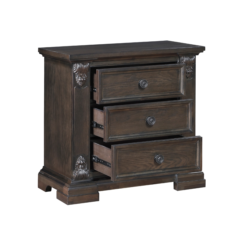 Walz Nightstand- 3 Drawers- Espresso Brown Oak Veneer- Black Knobs