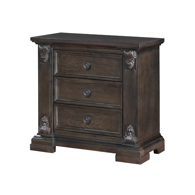 Walz Nightstand- 3 Drawers- Espresso Brown Oak Veneer- Black Knobs