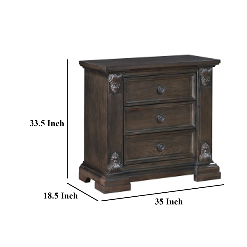 Walz Nightstand- 3 Drawers- Espresso Brown Oak Veneer- Black Knobs