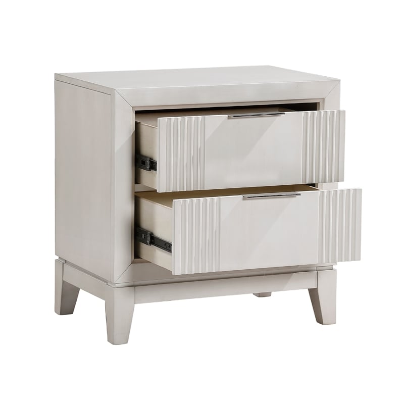 Flo Nightstand- 2 Drawers- Antique White Wood- Chrome Edge Handles