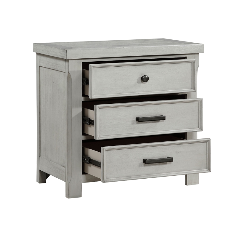 Brok Nightstand- 3 Drawers- Light Gray Acacia Wood- Black Bar Handles