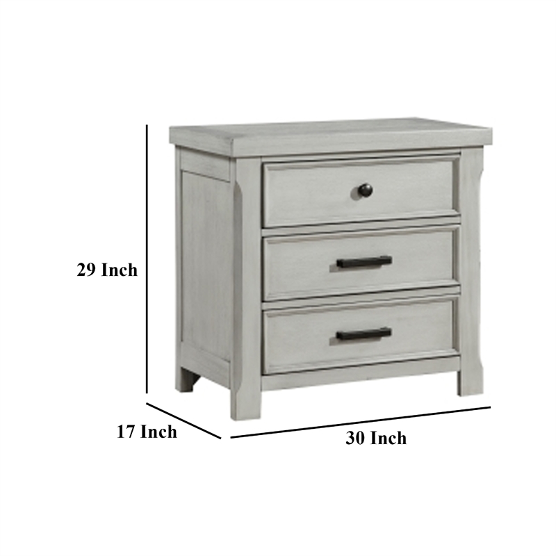 Brok Nightstand- 3 Drawers- Light Gray Acacia Wood- Black Bar Handles