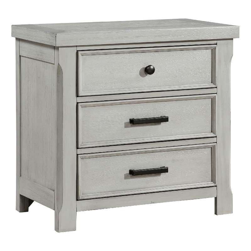 Brok Nightstand- 3 Drawers- Light Gray Acacia Wood- Black Bar Handles