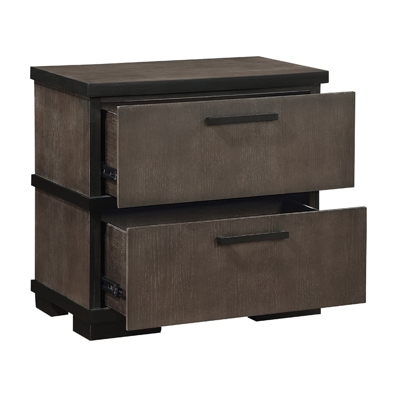 Acy Nightstand- 2 Drawers- Brownish Gray and Black Wood- Bar Handles