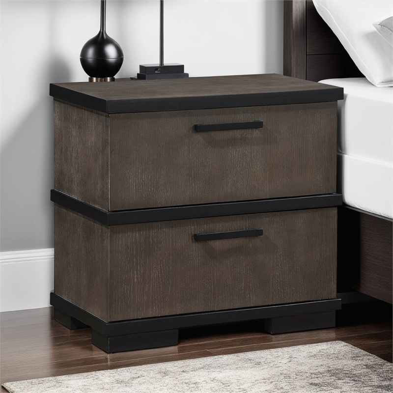 Acy Nightstand- 2 Drawers- Brownish Gray and Black Wood- Bar Handles