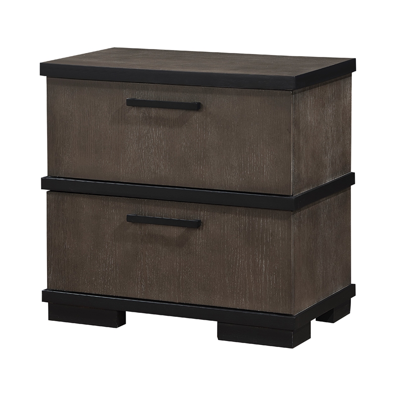 Acy Nightstand- 2 Drawers- Brownish Gray and Black Wood- Bar Handles