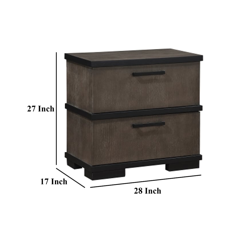 Acy Nightstand- 2 Drawers- Brownish Gray and Black Wood- Bar Handles