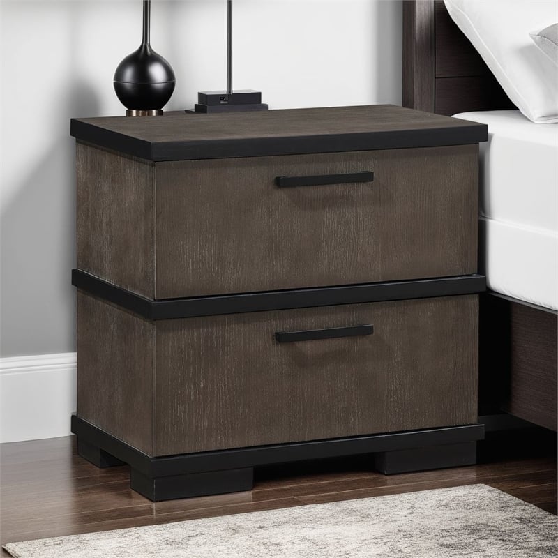 Acy Nightstand- 2 Drawers- Brownish Gray and Black Wood- Bar Handles