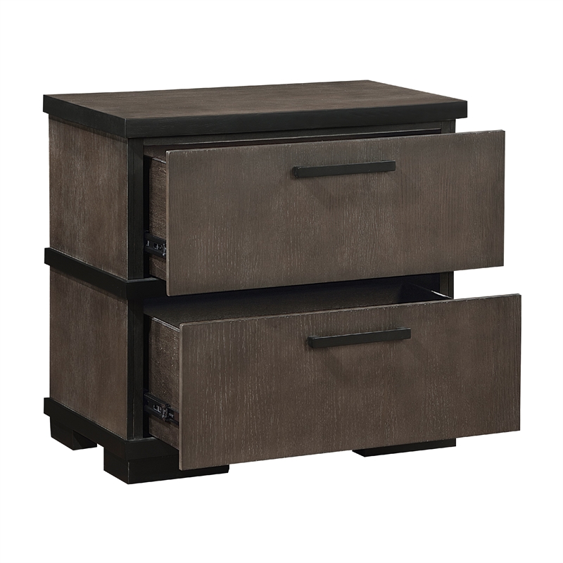 Acy Nightstand- 2 Drawers- Brownish Gray and Black Wood- Bar Handles