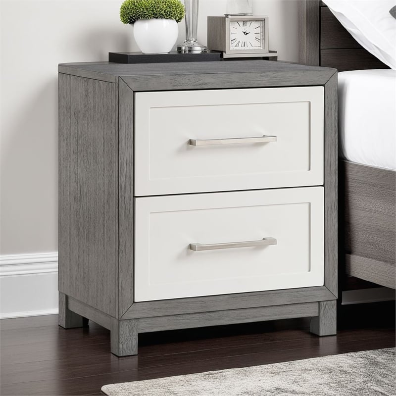 Rowy Nightstand- 2 Drawer Polished Bar Handles- Ivory and Gray Veneer
