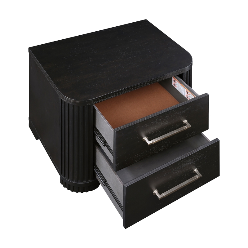 Chas Nightstand- 2 Drawers Brass Bar Handles- Charcoal Black Wood