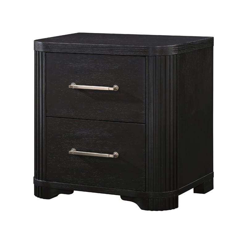 Chas Nightstand- 2 Drawers Brass Bar Handles- Charcoal Black Wood