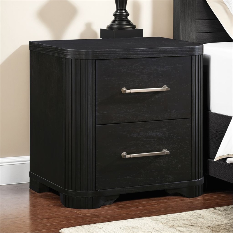 Chas Nightstand- 2 Drawers Brass Bar Handles- Charcoal Black Wood