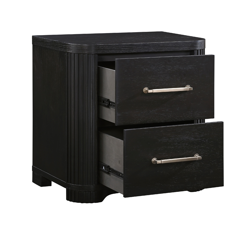 Chas Nightstand- 2 Drawers Brass Bar Handles- Charcoal Black Wood